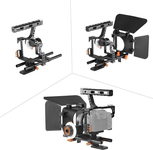 Andoer C500 Kamera Camcorder Video Cage Rig Kit Filmemachsystem aus Aluminiumlegierung mit Matte Box, Follow Focus und Griff in Orange - Bild 1