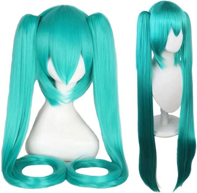 Mengqiu Hatsune Miku Cosplay Perücke, Doppelte Zöpfe, See-Blau - Bild 1