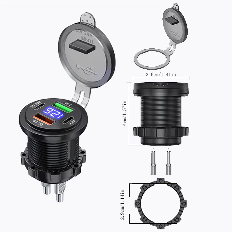 kebidumei Auto-Ladegerät mit Dual-USB PD & QC 3.0, 4 Anschlüssen, Voltmeter und wasserdichtem Steckdosenadapter für Auto und Boot, Schwarz - Bild 4