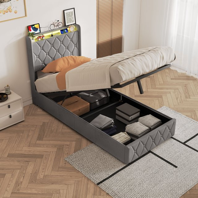 Anajqaqia Polsterbett mit Stauraum und Lattenrost in Dunkelgrau, B/T/H: 90 x 200 cm - Bild 1