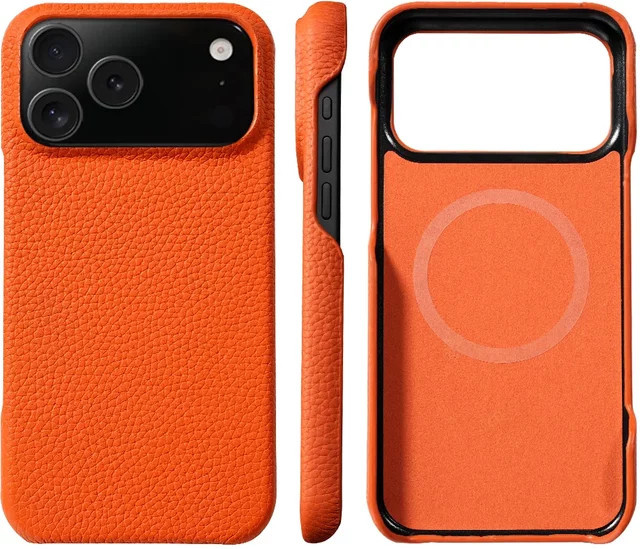 Busine Echtleder Magnethülle mit MagSafe für iPhone 17 Pro Max, iPhone 16 und iPhone 15 in Grau und Orange - Bild 1