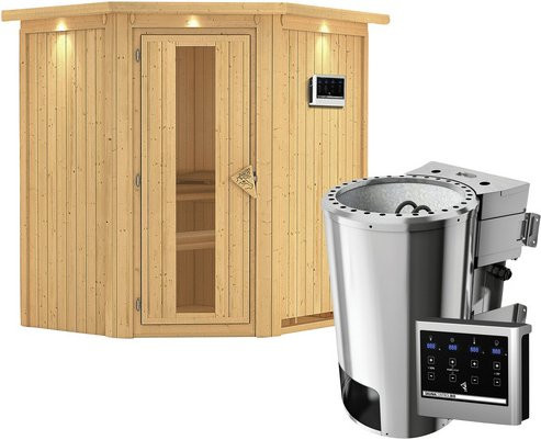 Karibu Sauna Tuckum aus Fichtenholz mit 3,6 kW Saunaofen und externer Steuerung für 3 Personen, Farbe: beige/braun, B/T/H: 202,0 x 184,0 x 165,0 cm - Bild 1