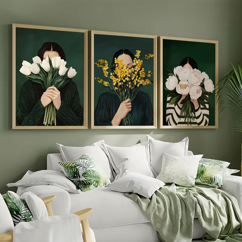 Potdemiel Kunstposter Smaragdgrün Abstraktes Porträt mit floralen Elementen im Japandi-Stil - Bild 1