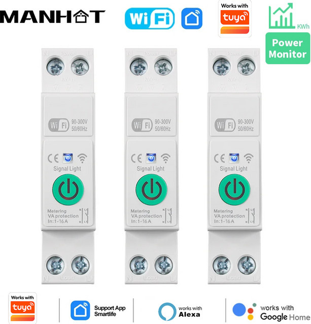 Manhot WLAN Smart Leistungsschalter 1P 16A mit Energiemessung und kWh-Zähler, weiß, kompatibel mit Tuya-App zur Fernsteuerung sowie Spannungs- und Stromschutz - Bild 1