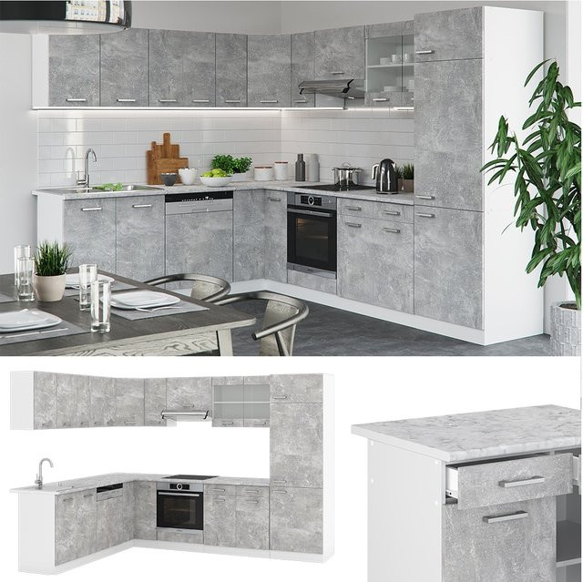 Vicco R-Line Eckküche in Beton-Optik grau/weiß ohne Arbeitsplatte und Elektrogeräte B/T/H: 227 x 287 x 207 cm - Bild 1
