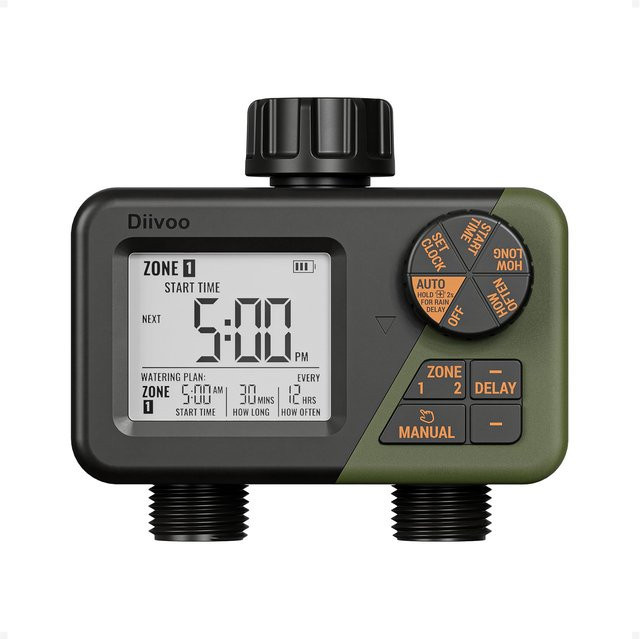 Diivoo Programmierbare Bewässerungsuhr mit 4 Ausgängen und Regensensor, Digitale Automatische Bewässerungssteuerung für Garten und Rasen, Grün/Schwarz - Bild 1
