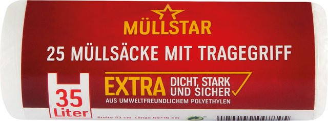 Müllstar Müllsäcke 35 Liter mit Tragegriff, extra dicht und stark, weiß/transparent, 25 Stück - Bild 1