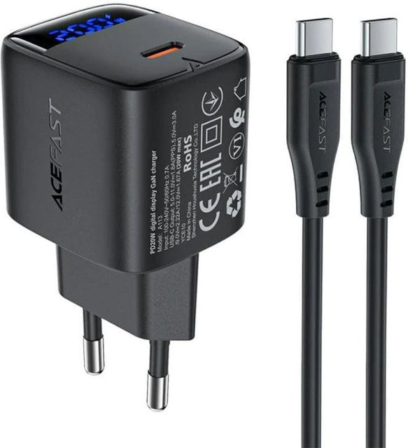 Acefast A113 Netzladegerät mit Display und USB-C Kabel, 20W, 3A, Schwarz - Bild 1