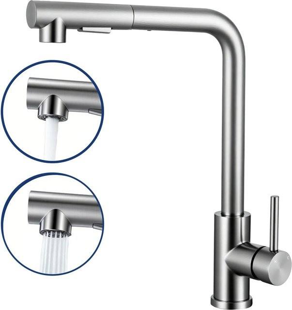 AICA Küchenarmatur aus Edelstahl in Silber, ausziehbarer L-förmiger Wasserhahn mit zwei Sprühfunktionen und 360 Grad schwenkbarem Auslauf, gebürstetes Design - Bild 1