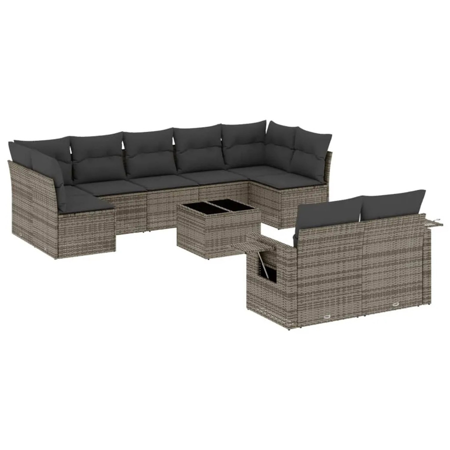 vidaXL 10-tlg. Garten-Sofagarnitur in L-Form aus Polyrattan und Metall mit Kissen in Grau - Bild 2