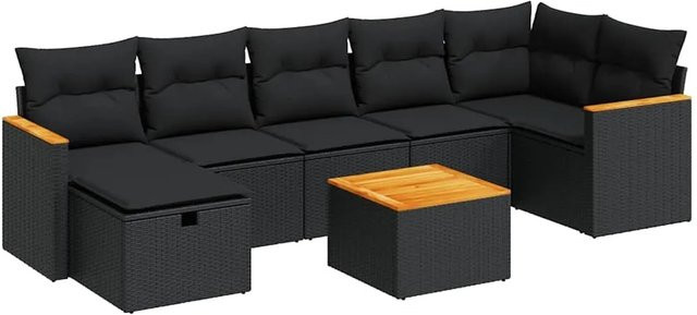 vidaXL 8-tlg Garten-Sofagarnitur in L-Form aus Polyrattan und Akazienholz mit Kissen, Schwarz - Bild 1