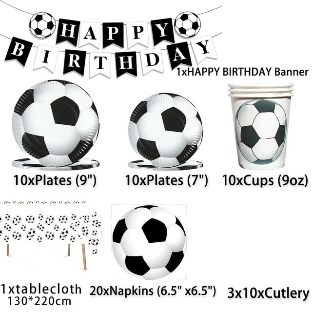 Potdemiel Fußball Party-Dekorationsset aus Papier in Weiß mit Tellern, Tassen, Servietten, Tischdecke und Wimpeln für Sport-Geburtstagsfeiern - Bild 1