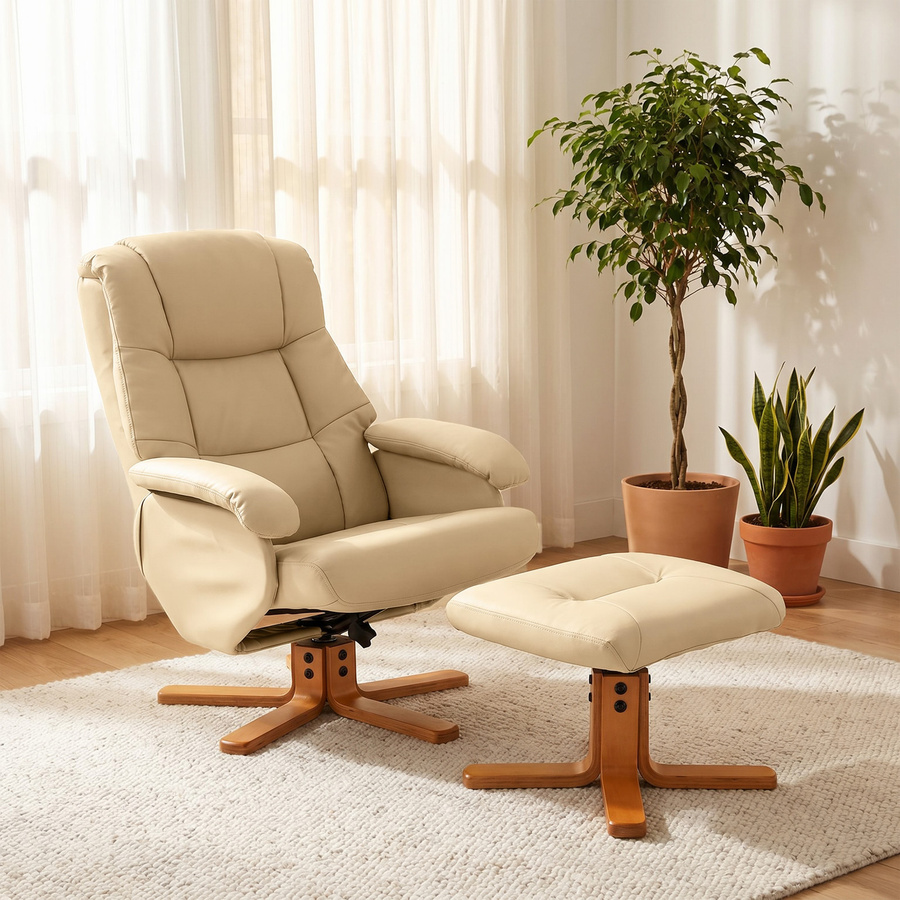 HOMCOM Relaxsessel mit Fußhocker in Beige, 360 Grad drehbar mit verstellbarer Rückenlehne und Armlehnen - Bild 2
