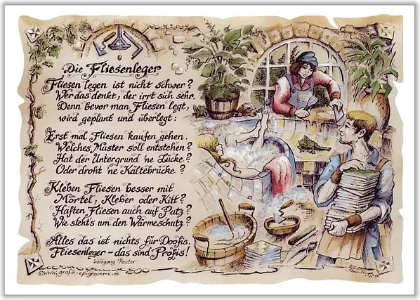 Zunftbild Fliesenleger auf Antikpapier in den Farben Braun, Schwarz und Multicolour, Format A4 (Breite: 21,0 cm, Höhe: 29,7 cm) - Bild 1