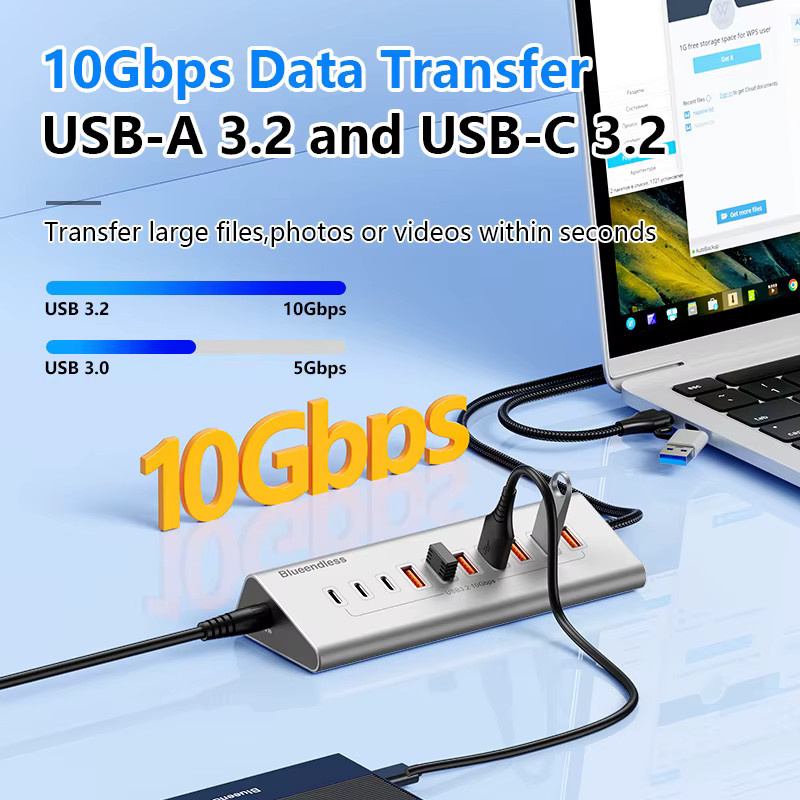 Blueendless Aluminium USB-C Hub 7-in-1 und 10-in-1 USB-A Splitter Adapter mit USB 3.2 Gen2 10Gbps in Silber für Laptop und MacBook - Bild 2