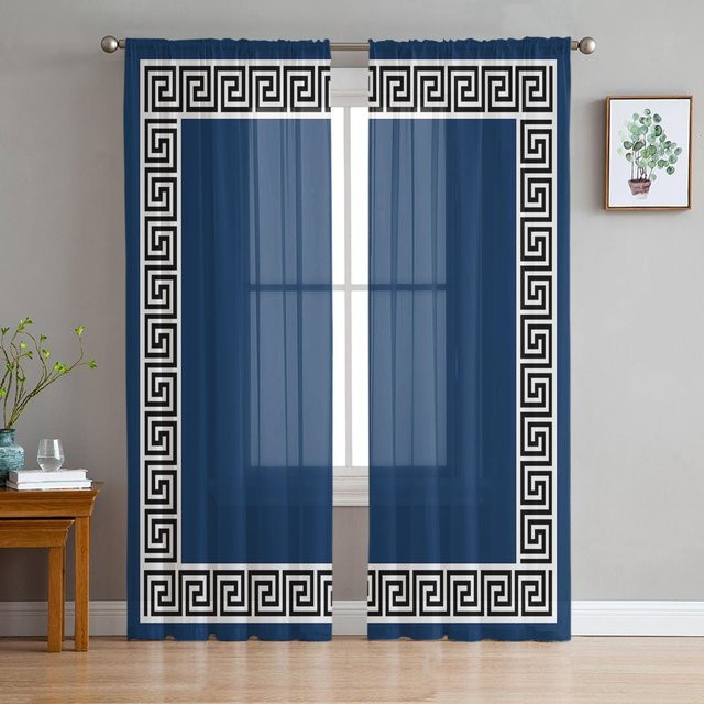 Marineblaue transparente Tüll-Vorhänge im modernen chinesischen Stil mit geometrischem Muster, Breite: 135 cm, Höhe: 115 cm - Bild 1