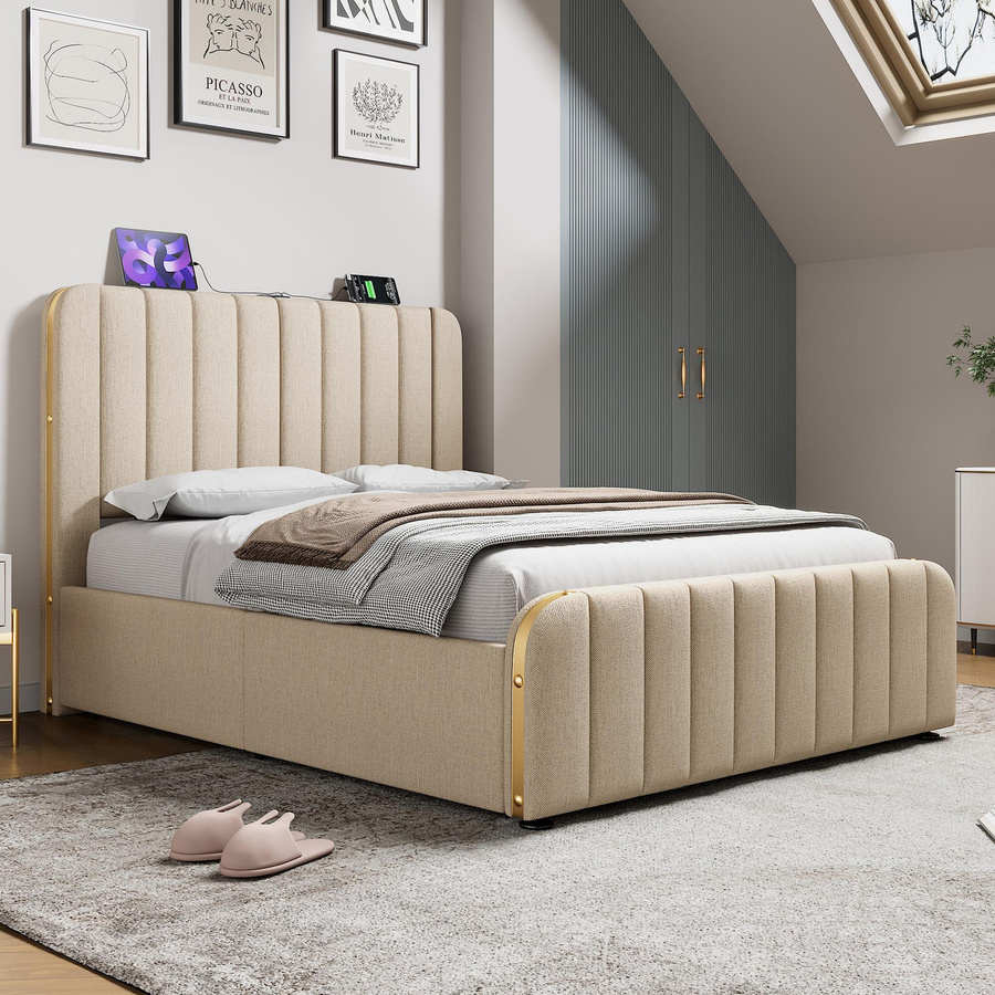 AB Store Polster-Doppelbett mit Stauraum und hydraulischem Hubbett in Beige, H x B x T: 102 x 203 x 150 cm - Bild 2
