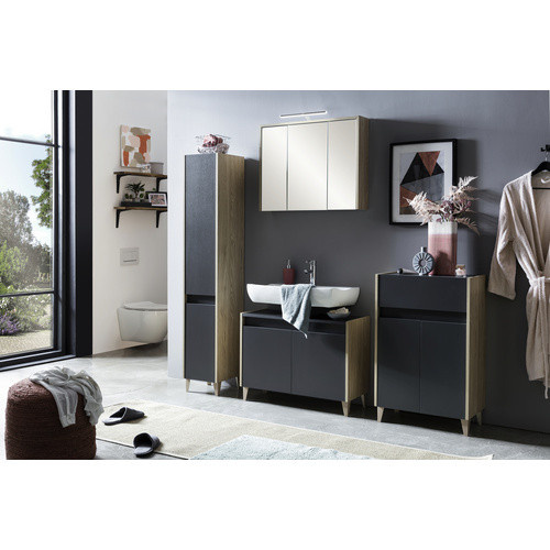 SCHILDMEYER Spiegelschrank Elba in Eiche mit 3 Glastüren, LED-Beleuchtung und Rasierersteckdose, Farbe: Braun, B/H/T: 74,5 x 60 x 16 cm - Bild 2