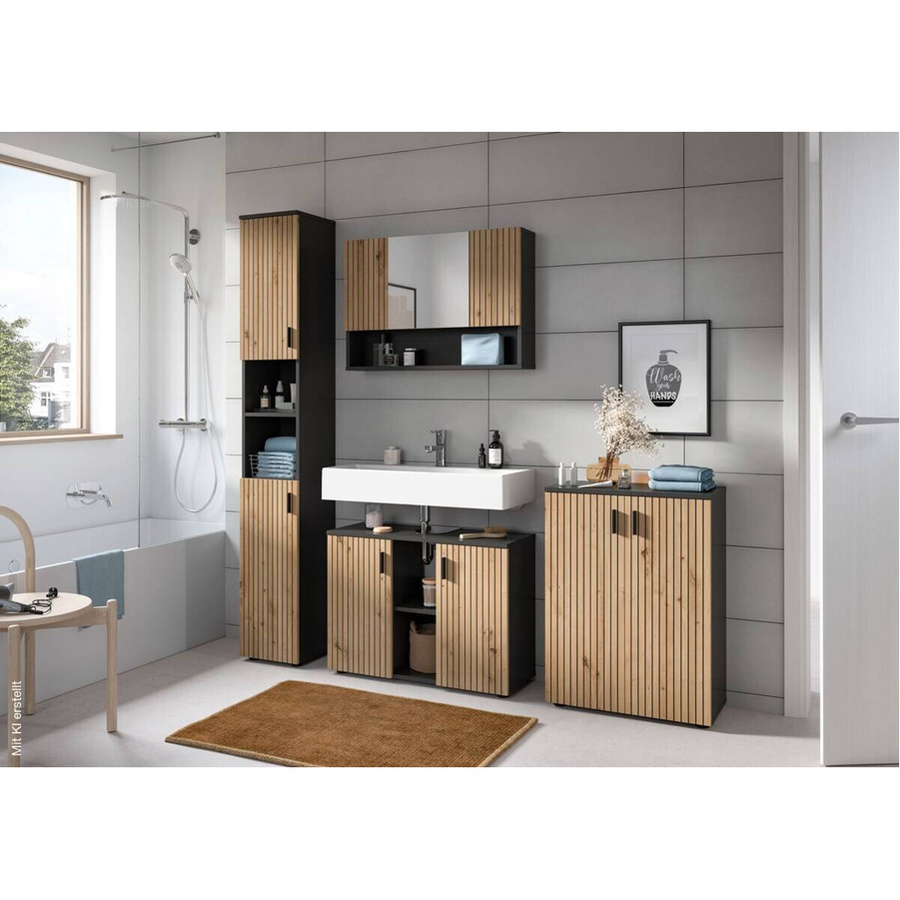 Badezimmer-Set Mone von xonox.home in Basalt Nachbildung und Artisan Oak Nachbildung, bestehend aus Waschtischunterschrank und Spiegelschrank, Grau und Braun, B/H/T: 80 x 180 x 30 cm - Bild 3