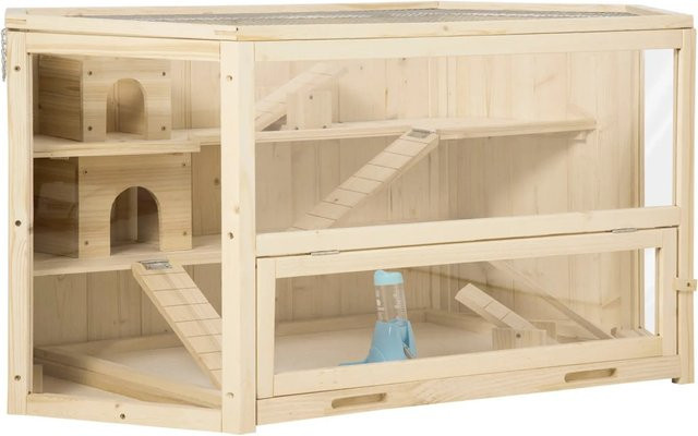 PawHut Kleintierkäfig aus Holz mit Rampe und Wippe in Braun und Beige - Bild 1