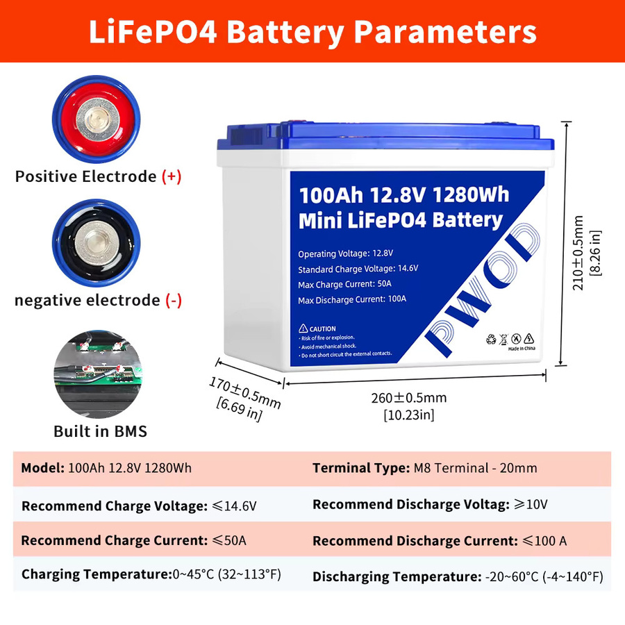 PWOD LiFePO4 Akkupack 12,8V 100Ah 1280Wh Blau Wiederaufladbare Lithium-Batterie für Camping, Boote, Solarenergiespeicher und Wohnmobile - Bild 2