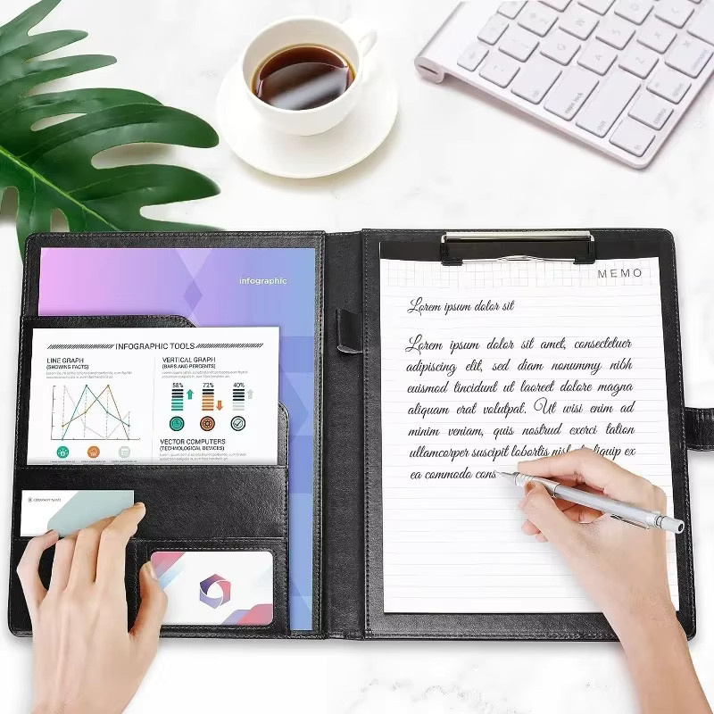 A4 Leder-Klemmbrett Padfolio in Schwarz als Business Dokumenten-Organizer für Konferenzen und Interviews - Bild 5