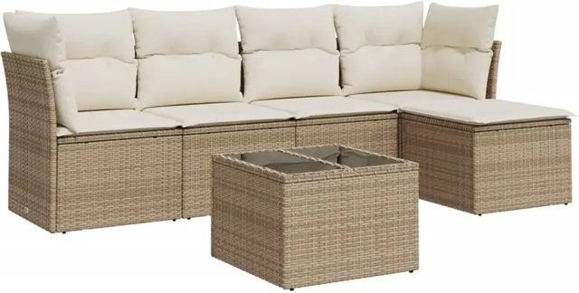 vidaXL 6-teilige Garten-Sofagarnitur in L-Form aus Poly-Rattan und pulverbeschichtetem Stahl mit Kissen in Beige-Creme - Bild 1