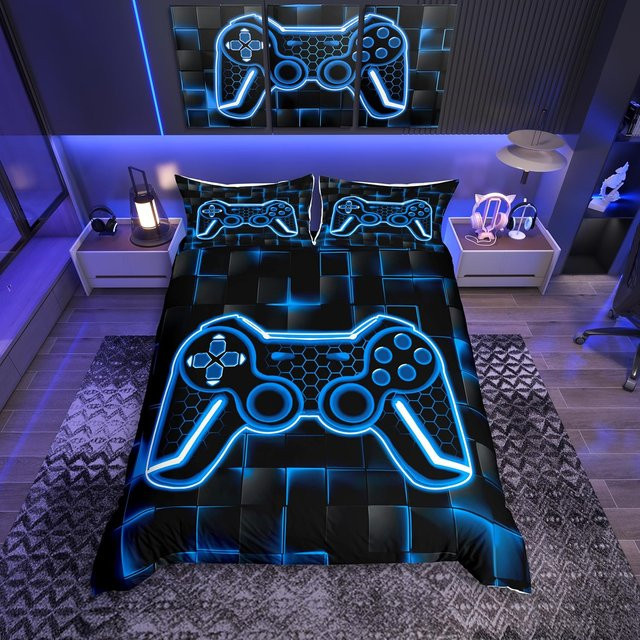Kinder Gamer Bettwäscheset mit Wabenmuster in Blau, Bettwäschebezug und Kissenbezug aus Mikrofaser, Breite: 172 cm, Höhe: 218 cm - Bild 1