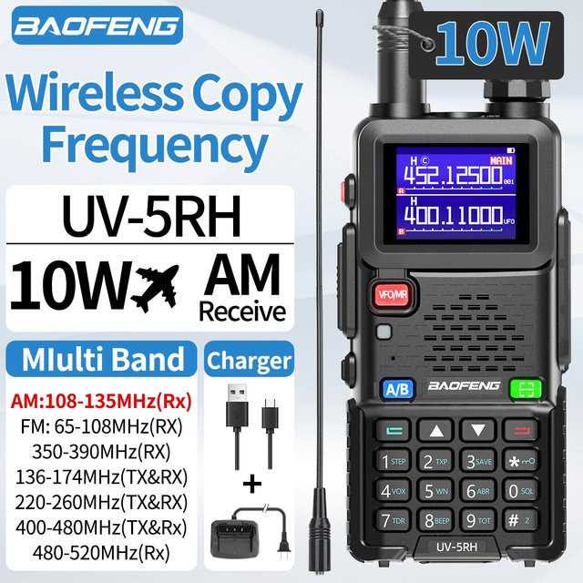 Baofeng UV 5RH Walkie Talkie mit Typ-C Ladegerät, 10W Vollband Transceiver, Schwarz - Bild 1