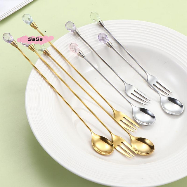 YOWEI Kristall-Löffel-Set aus Edelstahl mit langem Griff in Gold, Diamant-Design für Dessert, Eis, Kaffee und Cocktails - Bild 1