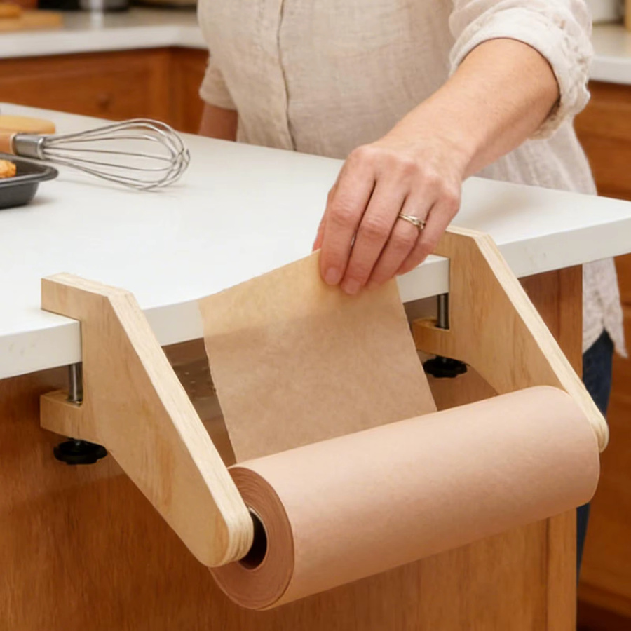 Holz-Papierrollenhalter in Braun als Tischständer für Geschenkpapier und Zeichenzubehör - Bild 3