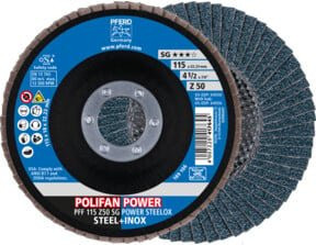PFERD TOOLS POLIFAN POWER Fächerscheibe PFF SG STEELOX Blau für Stahl und Edelstahl Durchmesser: 115 mm, Bohrung: 22,23 mm - Bild 1