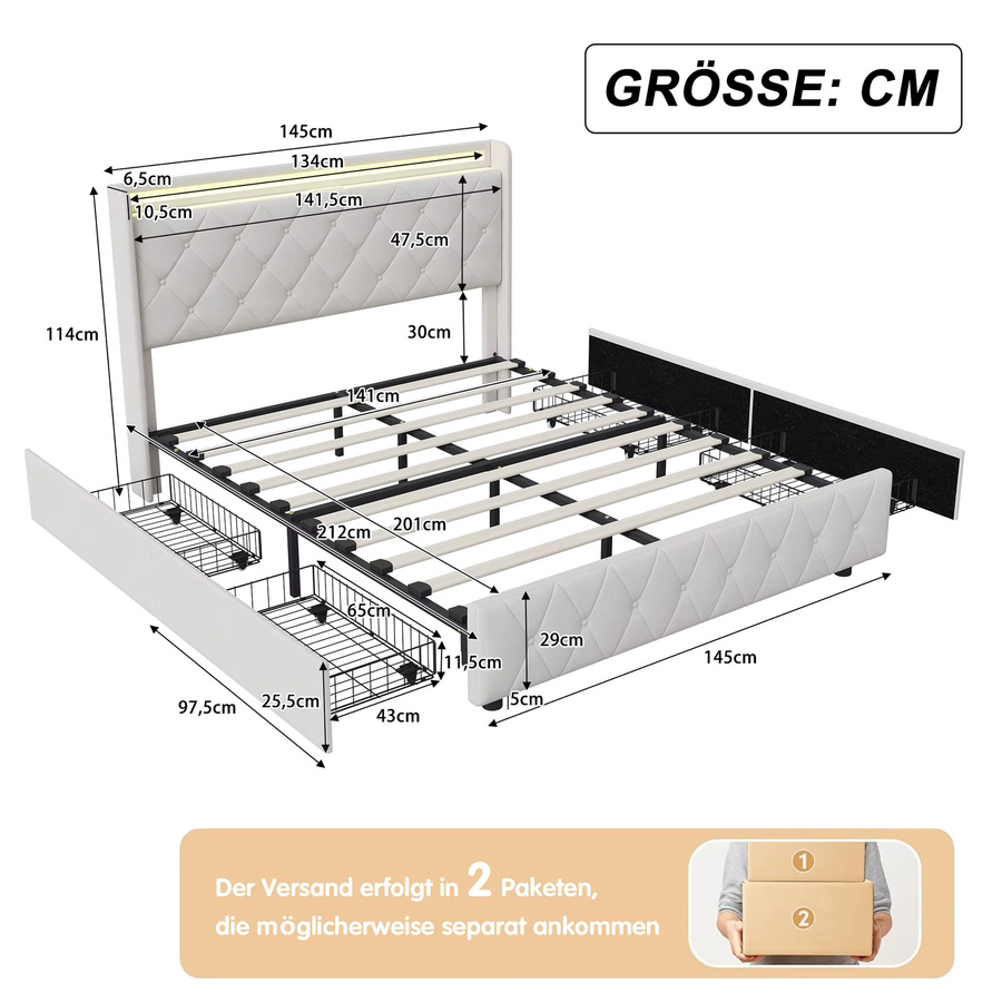 Modernes Plattformbett HYNHXBP aus Samt mit 4 Schubladen und diamantgestepptem Kopfteil in Beige, B/T/H: 90 x 200 cm, 140 x 200 cm oder 160 x 200 cm - Bild 2
