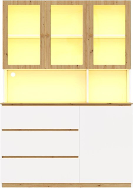 okwish Hochschrank mit LED-Beleuchtung und Arbeitsplatte für die Küche, Weiß und Eiche, B/T/H: 120 x 40 x 200 cm - Bild 1