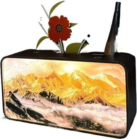 Multifunktionales Desktop-Ornament aus Holz mit Bluetooth-Audio, Umgebungslicht und Stifthalter in Schwarz und Multicolour - Bild 1