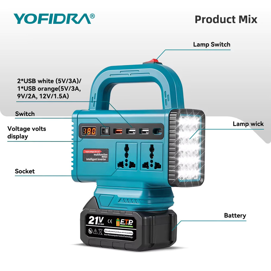 YOFIDRA 6-in-1 tragbarer Stromwechselrichter mit USB-Typ-C-Steckdose und LED-Licht, kompatibel mit Makita-Akkus zur Notstromversorgung im Außenbereich - Bild 2