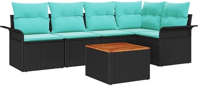 vidaXL Gartensofa-Set aus Poly-Rattan in Schwarz und Türkis, 6-teilige L-Shape Lounge-Garnitur mit Polsterkissen und Couchtisch für Garten und Terrasse - Bild 1