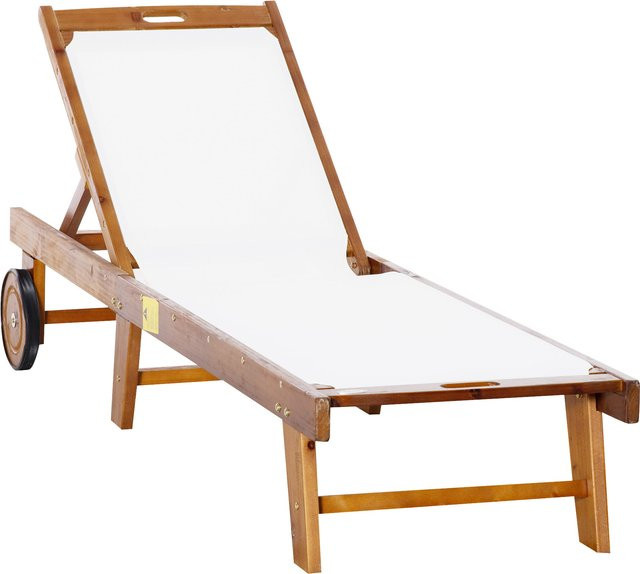 Outsunny Sonnenliege aus Akazienholz und Textil mit verstellbarer Rückenlehne, Braun und Weiß, B/T/H: 198 x 60 x 55-88 cm - Bild 1