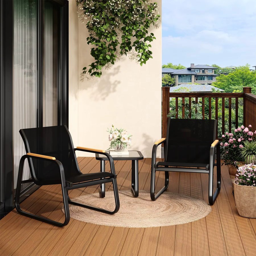 Studyset 3-teiliges Outdoor-Bistro-Set in Schwarz mit Glas-Beistelltisch und 2 Netz-Armlehnstühlen aus pulverbeschichtetem Stahl für Garten, Balkon und Terrasse - Bild 4