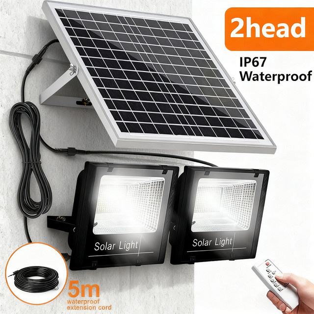 YQCHEZI Solar-Flutlichter mit Doppel-LED-Kopf in Schwarz mit Dämmerungssensor für Garten und Außenbereich - Bild 1