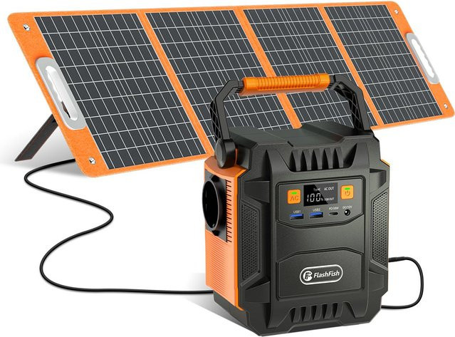 Flashfish A201+TSP100 Tragbare Powerstation mit 172,8 Wh und 48000 mAh Kapazität, 200 W Ausgang und 3 Lademethoden, Orange - Bild 1