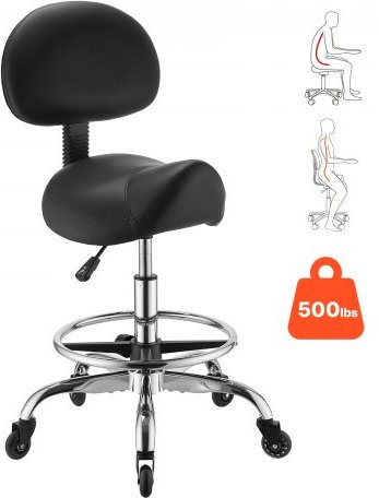 VEVOR Sattelhocker mit Rückenlehne und Fußstütze, höhenverstellbarer Rollhocker mit PU-Leder Sitzfläche und 360 Grad Drehung, Schwarz - Bild 1