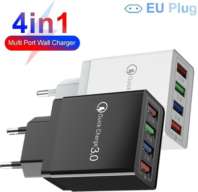 Mrgabwte USB-Ladegerät mit 4 Anschlüssen und Quick Charge 3.0, Schwarz, EU/US-Stecker für iPhone, Huawei und Xiaomi - Bild 1
