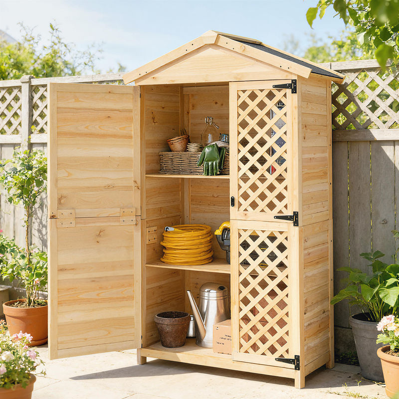 Outsunny Gartenschrank aus Fichtenholz in Holzfarbe mit Umkippschutz-Kit, Außengerätehaus mit belüfteten Türen, abnehmbaren Regalen und geneigtem Asphaltdach, H x B x T: 176 x 101,5 x 49 cm - Bild 2