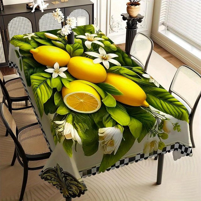 JINGYUE Pet Tischdecke mit Zitronenmuster und floralen Akzenten in Gelb und Grün, rechteckig, B/T: 140 x 160 cm - Bild 1