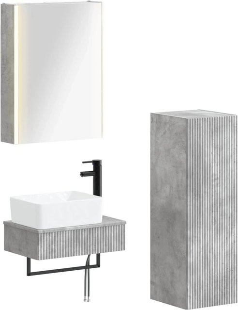 vidaXL Badezimmermöbel-Set 4-teilig in Betongrau mit Waschtischunterschrank, Spiegelschrank und Wandmöbeln aus Ingenieurholz und Glas mit LED-Beleuchtung - Bild 1