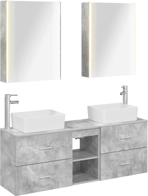 vidaXL Badezimmermöbel-Set 5-teilig in Betongrau mit Waschtischunterschrank, Spiegelschrank und Wandunterschrank aus Holz und Glas mit LED-Beleuchtung - Bild 1
