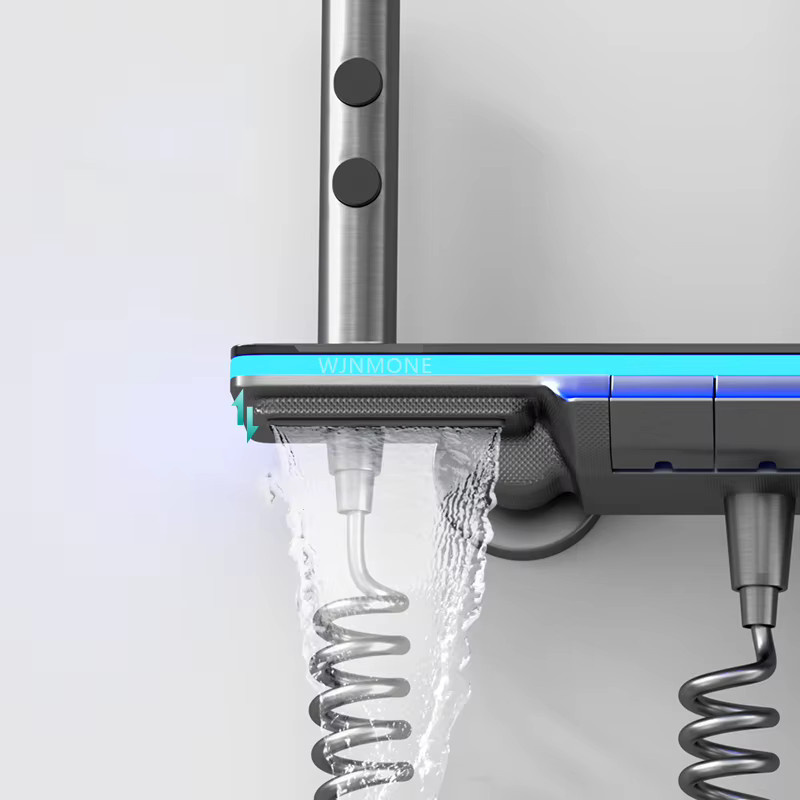 WJNMONE Luxus Duschsystem in Schwarz mit LED-Beleuchtung, Thermostat-Regenarmatur aus Messing mit Digital-Display und 4 Modi, inklusive Wasserfall und Regendusche, Wandmontage - Bild 1