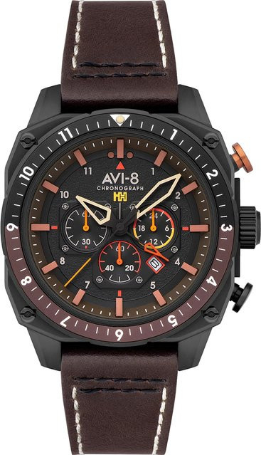 AVI-8 Chronograph Herrenuhr, Edelstahl, Quarz, 43 mm, Leder, Schwarz - Bild 1