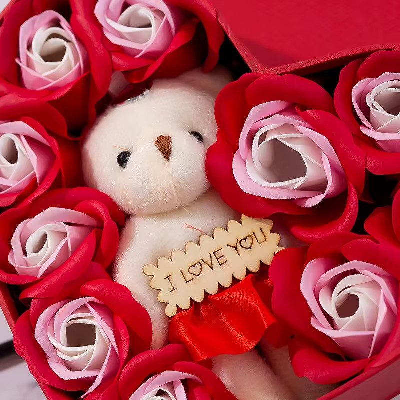 Uflower Geschenkbox mit Rosen und Bär in Rot, Pink und Weiß für Valentinstag und besondere Anlässe - Bild 2